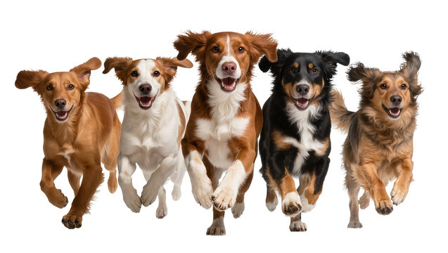 Five happy dogs of various breeds running forward, isolated on transparent background