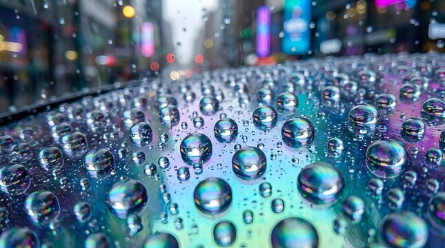 A close-up view of water droplets on a surface with a blurred city background on transparent background