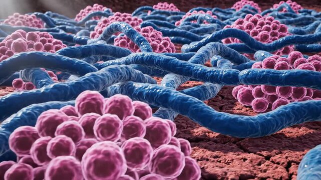 Microscopic view of bacteria and cells symbolizing dynamic movement and artistic expression