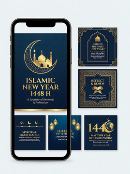 Elegant Islamic New Year Greeting Card Set with Calligraphy and Mosque Illustration