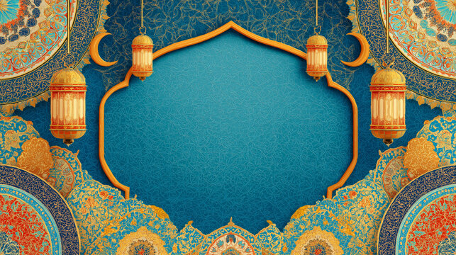 Ramadan Celebration Frame: An ornate, Islamic-inspired decorative frame features crescent moons, lanterns, and intricate patterns.