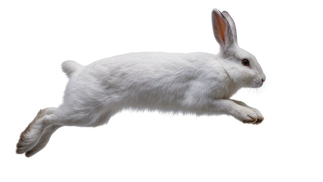 White rabbit mid-leap, isolated on transparent background