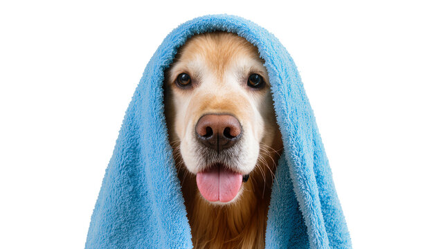 Golden retriever dog with blue towel draped over head, isolated on transparent background