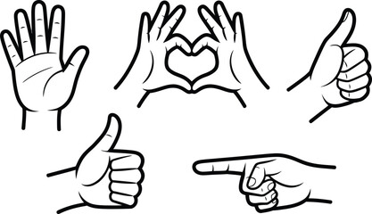 Fototapeta premium Assortment of hand gestures including open palm heart shape thumbs up pointing finger with line art body part thank you pointing communication illustration collection approval agreement