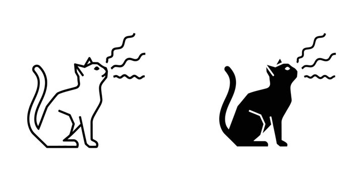 Black and white cat meowing and howling sitting pet vector icons set with domestic, silhouette