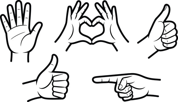 Assortment of hand gestures including open palm heart shape thumbs up pointing finger with line art body part thank you pointing communication illustration collection approval agreement