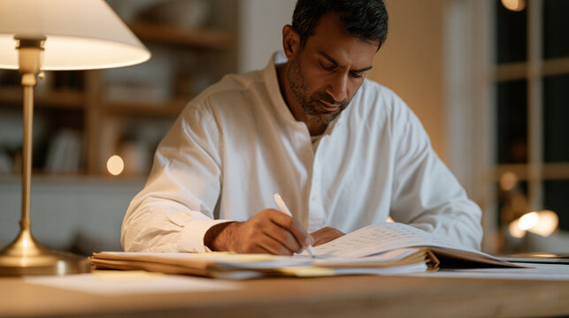Pakistani accountant organizing a thick folder of USCIS priority date notices chronologically at a wooden desk, reading lamp casting warm glow, sticky notes on calendar pages showing years elapsed, 