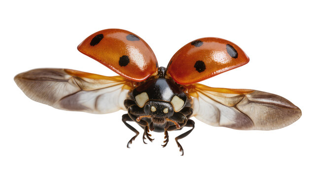 Red ladybug with open wings and visible flight wings, isolated on transparent background