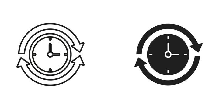Clock with rotating arrows representing time cycle history and update vector icons, duration
