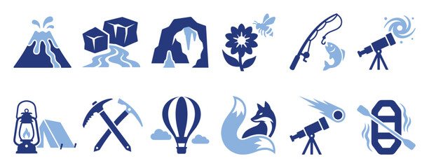 Fototapeta premium Set of outdoor adventure nature exploration icons featuring camping fishing rafting and astronomy