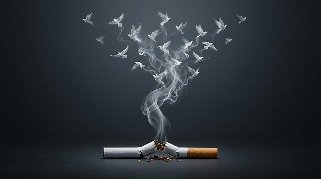 Broken cigarette releasing smoke shaped like birds flying away. world no tobacco day 2026 with cigarette abstinence nicotine addiction unhealthy metaphor. world no tobacco day 2026