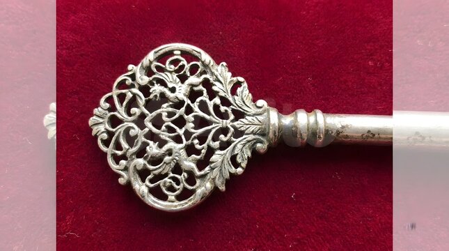 An ornate silver backscratcher on a red velvet surface on transparent background