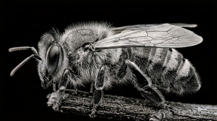 Fototapeta premium Detailed Black and White Honeybee Close up on Wood Surface for Nature Editorial and Commercial Use Honeybee