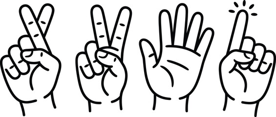 Fototapeta premium Line art illustration of four hands showing various finger gestures and numerical representations with black and white body part hand signal cross fingers gestures counting illustration