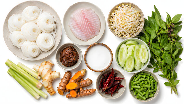 Overhead Khanom Jeen Nam Ya Ingredients Flat Lay on White Background, Authentic Thai Curry Noodle Recipe Photography