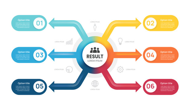 Infographic Venn diagram chart template for business 6 steps circle arrow label options, presentation with Icon mindmap diagram elements vector illustration.