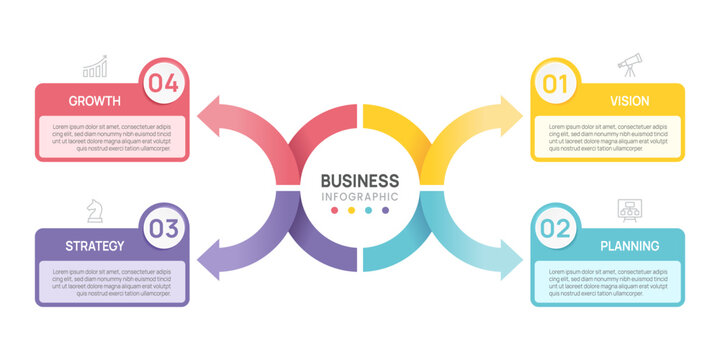 Infographic Venn diagram chart template for business 4 steps circle arrow label options, presentation with Icon mindmap diagram elements vector illustration.