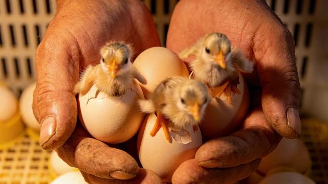 Newly hatched small chicks emerging from eggshells held in the rough hands of a poultry farmer.