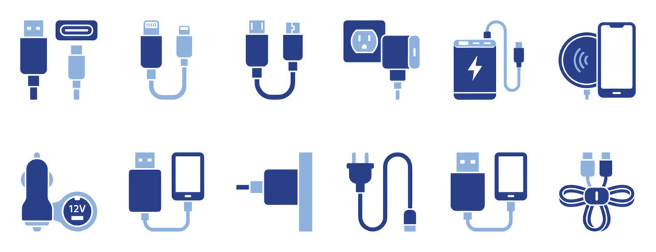 Set of device charging and data cable icons depicting mobile power solutions and connection types