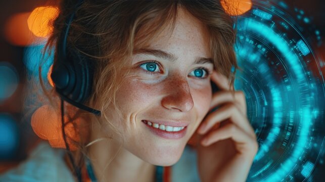 Customer support representative with headset and digital data interface.