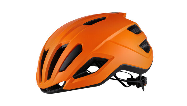 Bright orange cycling helmet with black vents and straps, isolated on transparent background