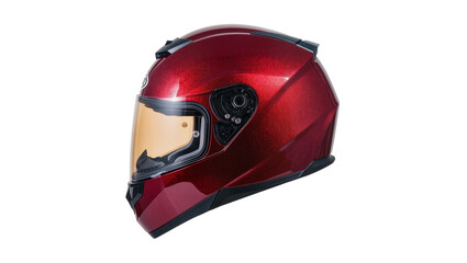 Fototapeta premium Shiny metallic red full-face motorcycle helmet with amber visor, isolated on transparent background