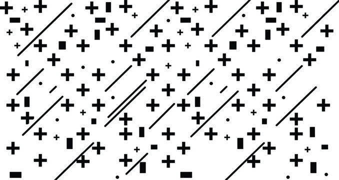 Abstract Geometric Seamless Pattern with Black Plus Minus Signs Dots and Diagonal Lines Background Graphic Vector Design for Textiles and Wrapping Paper