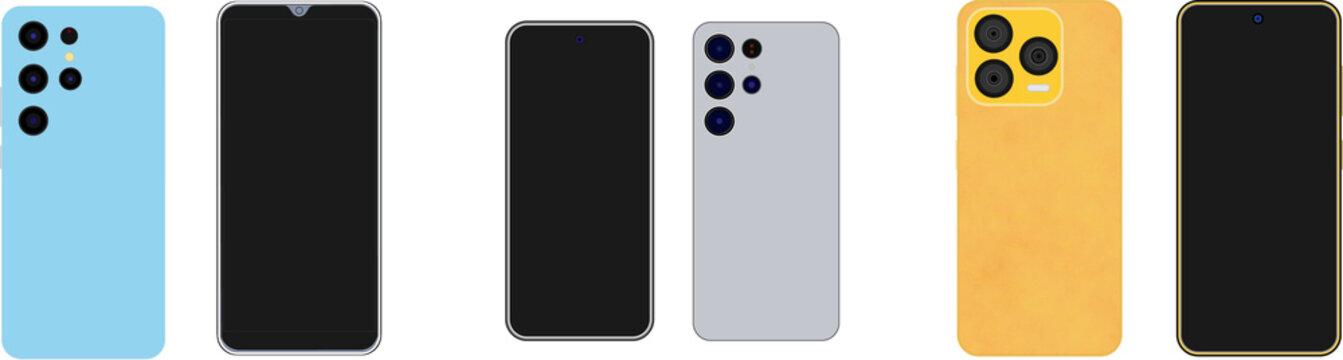 Row of smartphones from the front and back isolated on transparent background, digital illustration.
