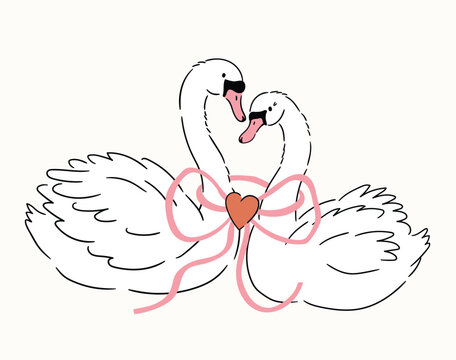 Vector couple of white swans with pink bow Vector Preppy wedding card or invitation design. Cute love cygnet poster in tattoo style. Bird illustration for valentines day 