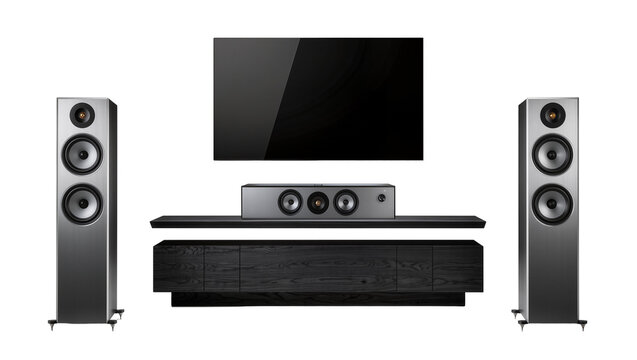Modern home theater system with flat screen TV soundbar and tower speakers, isolated on transparent background
