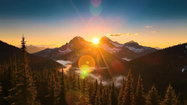 Mountain sunset with forest and snow perfect for wellness retreats and nature documentaries
