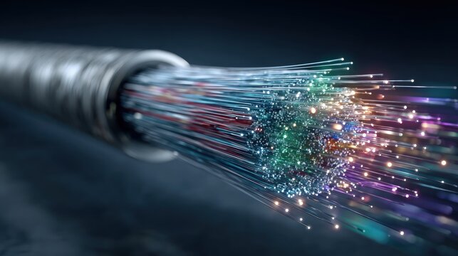 Detailed cross-section of a fiber optic cable showing internal light strands and outer protective braiding.