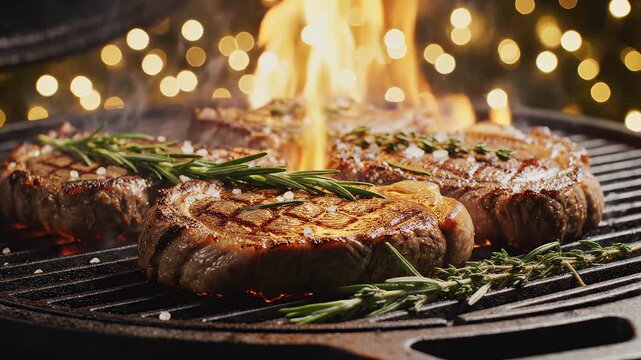 Grilled steaks with herbs on fire emphasizing the majestic scale of the natural world