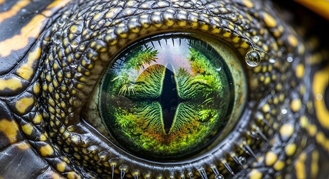 Macro Eye of a Reptile with Reflections and Water droplets