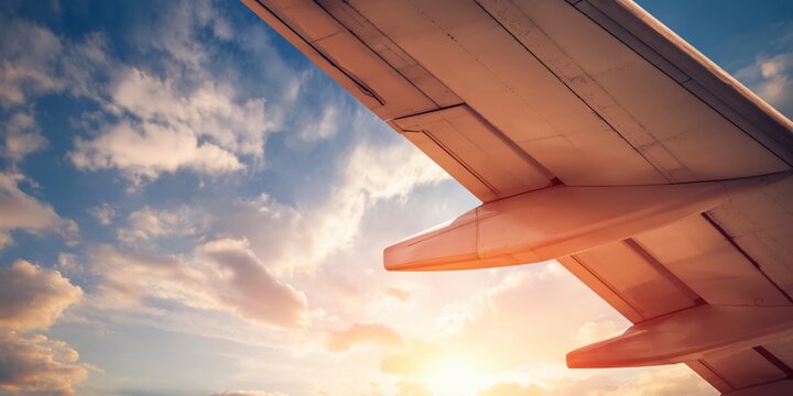 Industrial aircraft flap mechanism detail sunset sky high contrast light aviation insight technical perspective