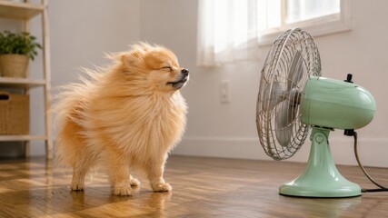 Fototapeta na wymiar Pomeranian Dog Cooling Off in Front of Fan. AI Generative.