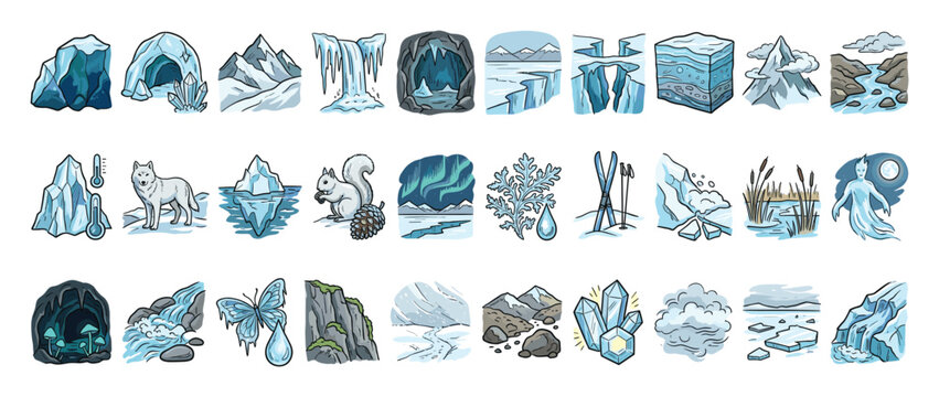 Set of winter wonderland icons featuring frozen landscapes and arctic animals