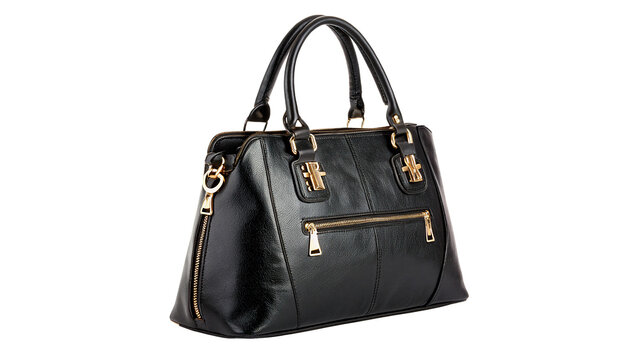 Elegant black leather women handbag or luxury purse with handles and metallic lock hardware on transparent background