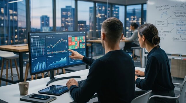 Traders monitoring blockchain and cryptocurrency market data on multiple screens in modern trading office, analyzing financial charts and global payment solutions for digital