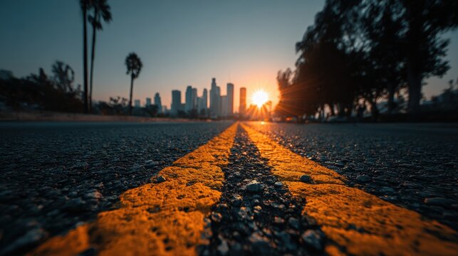 Double yellow lines on a long highway road heading towards a distant city skyline during sunset.