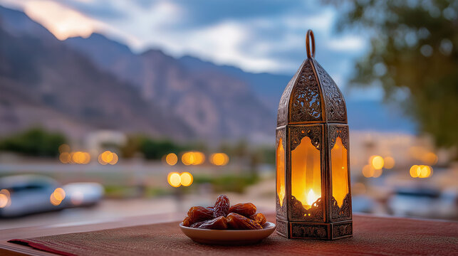Ramadan Lantern and Dates at Dusk: A traditional Ramadan lantern glows warmly next to a plate of ripe dates, set against a blurred backdrop of mountains and village lights as dusk settles.