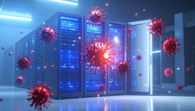 Dynamic 3D render of a ransomware attack on hospital servers being intercepted by an AI firewall in a containment cube.