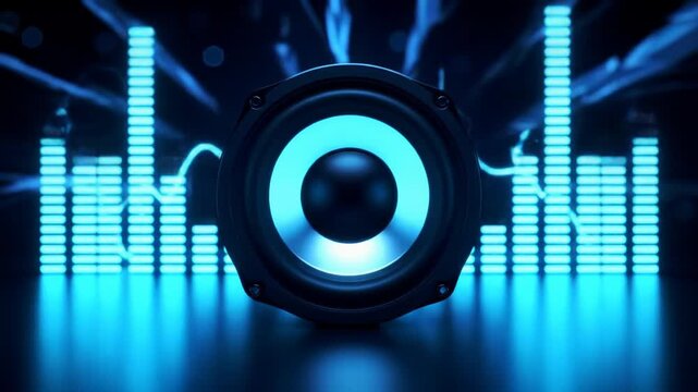 futuristic audio speaker with pulsating neon blue subwoofer, glowing equalizer bars, and flowing waveforms in a deep digital void, dolly zoom out, powerful synesthetic representation of sound