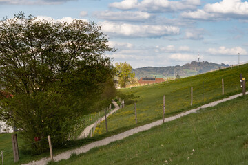 Fototapeta premium Beautiful Swiss landscape with lush green hills and paths, small settlement in valley and dramatic sky, tranquil nature scene for tourism and environment themes.