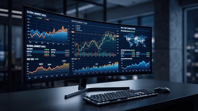 Ultra wide monitor displaying cryptocurrency flow and blockchain volume, real-time transactions network status, global market data trading dashboard, dark mode financial