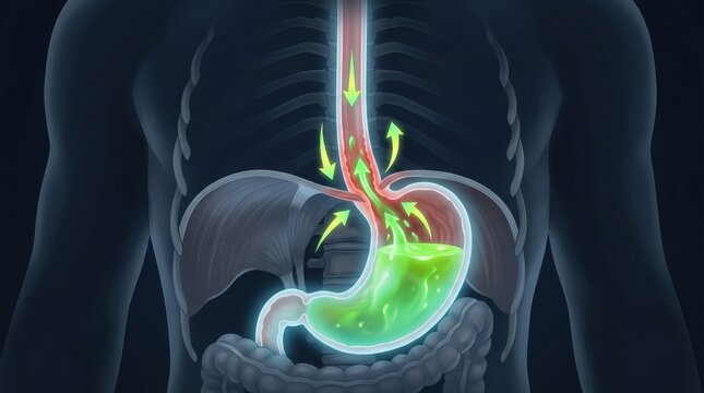 Diagram of stomach acid refluxing into the esophagus with green arrows indicating flow