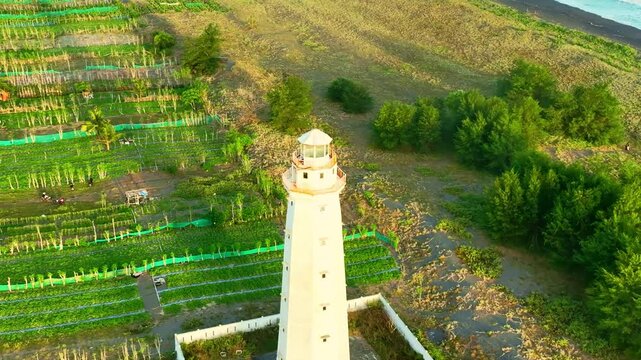 Lighthouse framed by patterned coastal farm fields