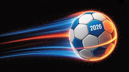 Fototapeta premium Vibrant Neon Football World Cup Themed Banner with Dynamic Ball Silhouette Bold Typography and Electric Blue Accents Ideal for Sports Promotions and Fan Engagement