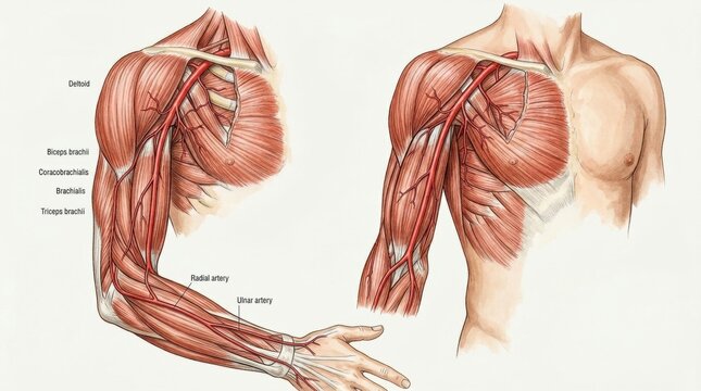 Anatomical illustration of human arm muscles and arteries with labels