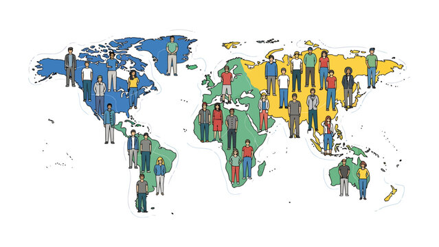 Global Diversity Representation: A stylized world map illustrates the interconnectedness of global populations, with diverse groups of people depicted across continents.
